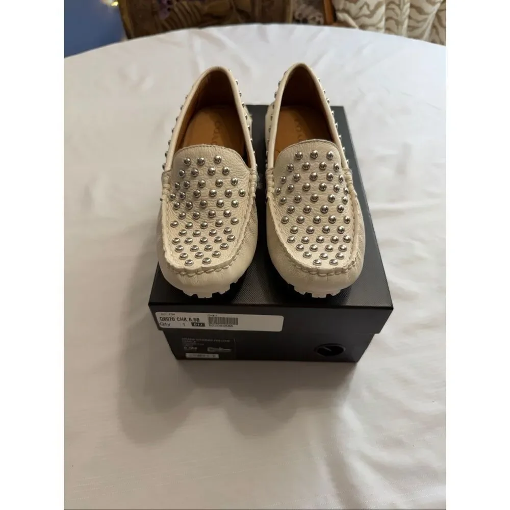 Coach Arlene Studded Pebble Leather Chalk Loafers Size 6.5 6 1/2 B New